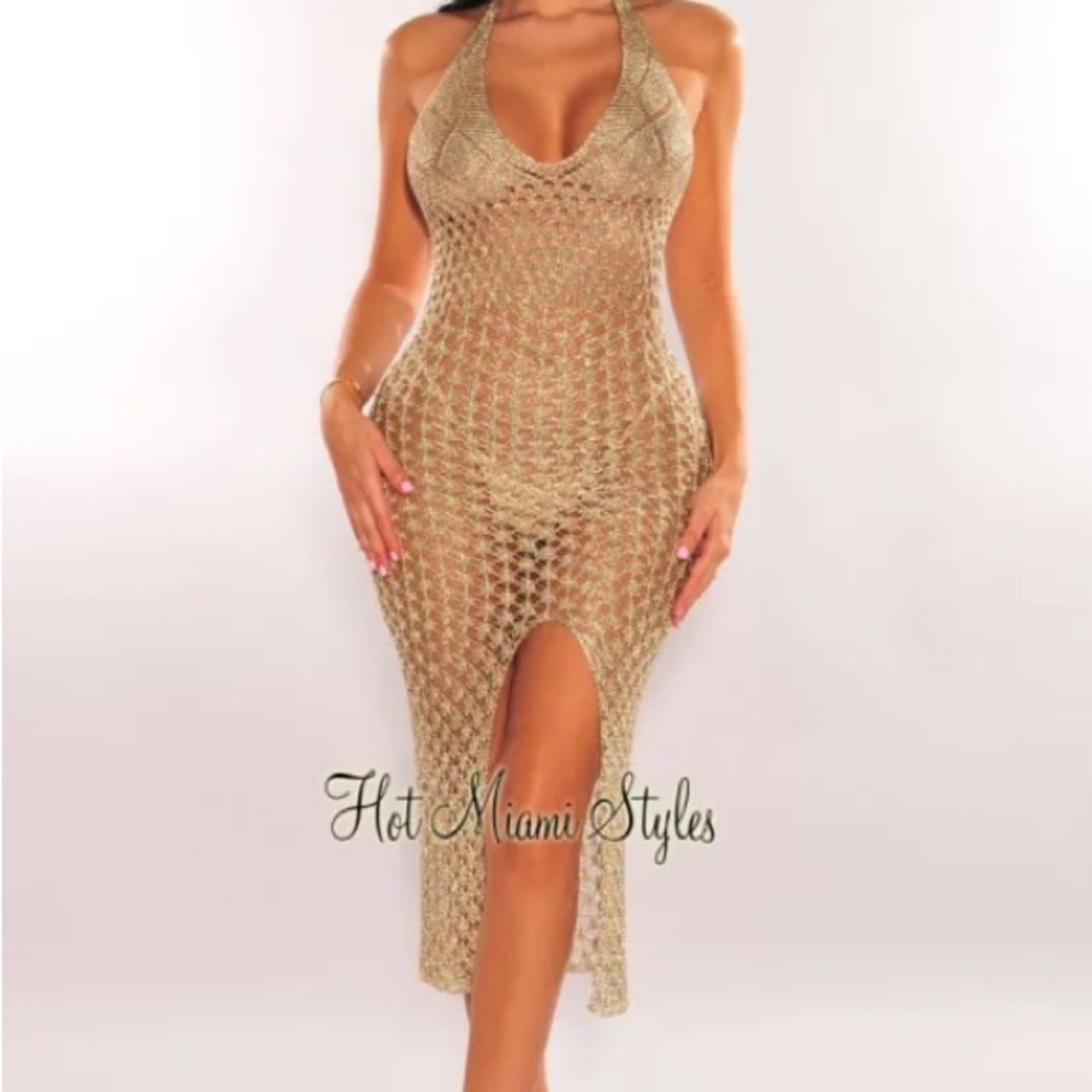 Hot Miami Styles Metallic Knit Crochet Cover Up Halter Dress Gold Silver